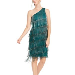 Adrianna Papell Beaded Fringe Dress Dark Jade